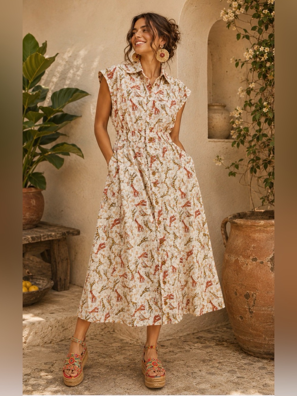 🦒 Farm Rio Inspired 100% Cotton Safari Dress | Resort Chic, Size 10